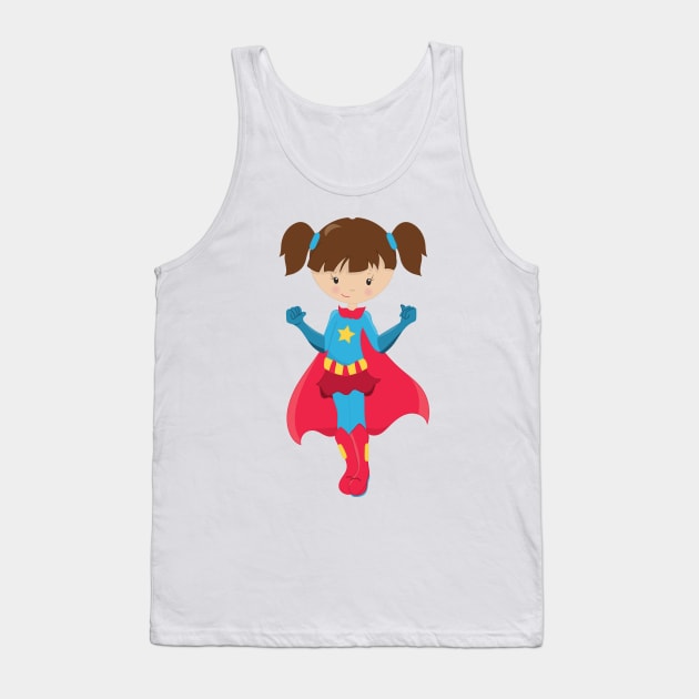 Superhero Girl, Cute Girl, Brown Hair, Red Cape Tank Top by Jelena Dunčević